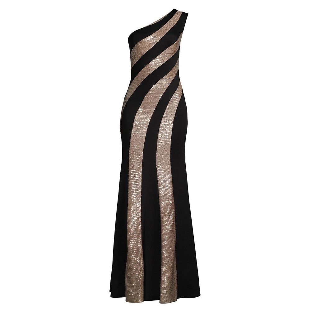 Elegant One-Shoulder Black and Gold Maxi Dress